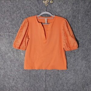 Anthropologie DOLAN Shirt M Puff Sleeve Eyelet‎ embroidered Ribbed Boho Cottage